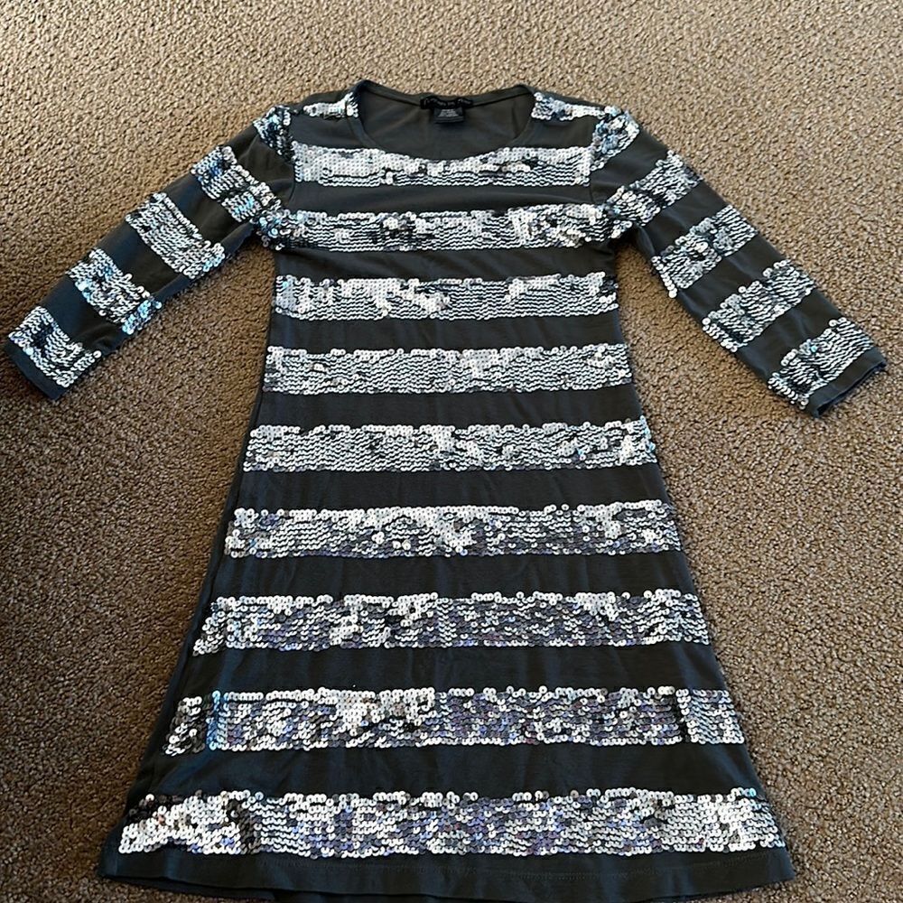 Flowers by Zoe Girls Grey with Silver Sequins Striped Dress